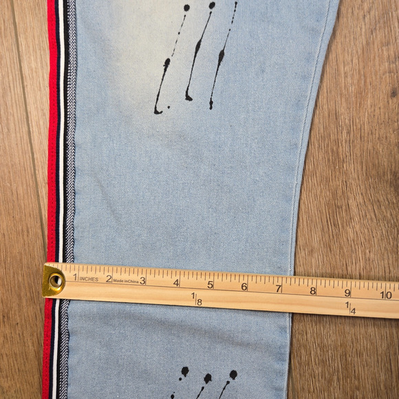 M Society Jeans 40x32 Blue Skinny Fit Distressed Paint Splatter Red Side Stripe - Picture 9 of 10